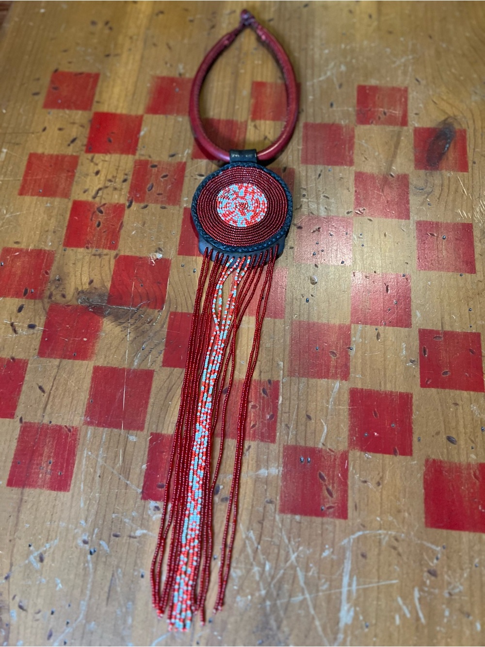 Handmade Red Beaded Fringe Pendant Necklace - Women Jewelry